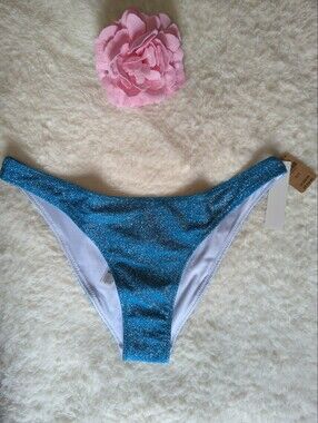 PINK Victoria's Secret Sparkle Blue Bikini Bottoms Size S New With Tag Cheeky